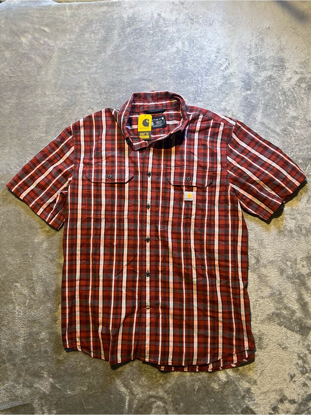 Carhartt Men’s Red Plaid Short-Sleeve Button-Down Shirt with White Stripes